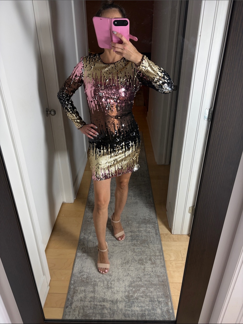 Zara Sequin Ombre Mini Dress in Pink, Gold & Black